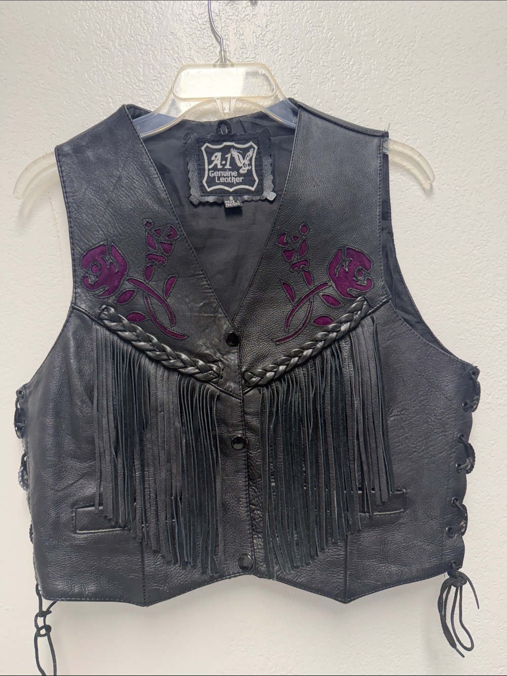 A1 Genuine Leather Black Fringe Vest with Purple Floral Accents